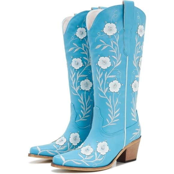 Women’s Turquoise Wide Calf Embroidered Cowgirl Western Knee High Pull On Boots - Picture 3 of 7